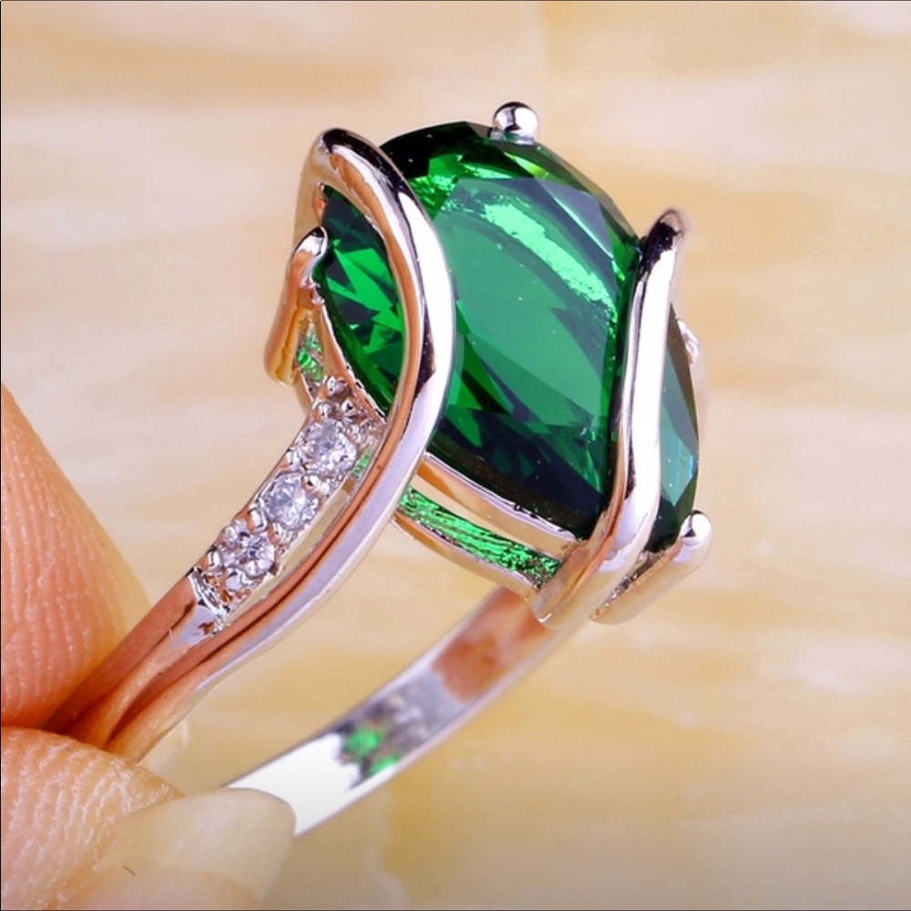 Silver Emerald (lab created and CZ diamond ring - Picture 2 of 5